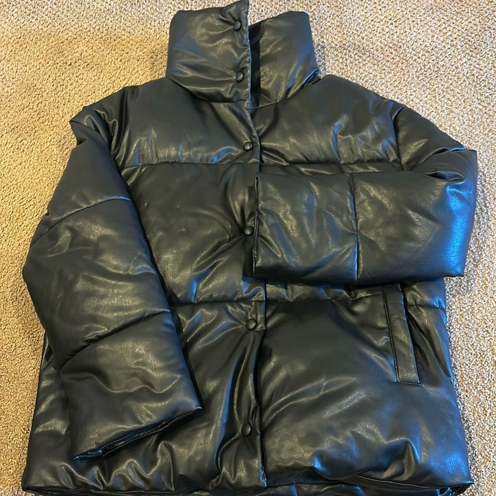 Bagatelle Faux Leather Black Puffer Jacket for Women – Warm, Size XS